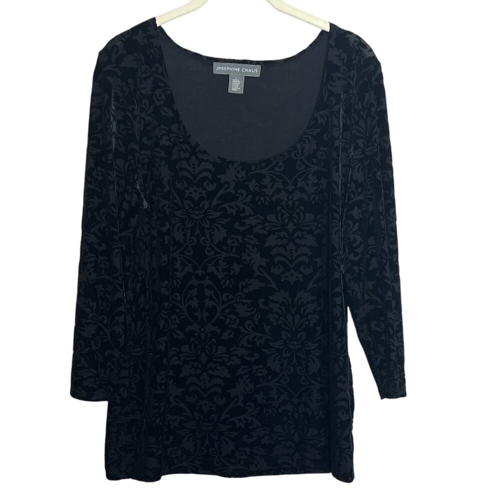 Josephine Chaus Burnout Velvet Top Large Black Scoop Neck 3/4 Sleeve
